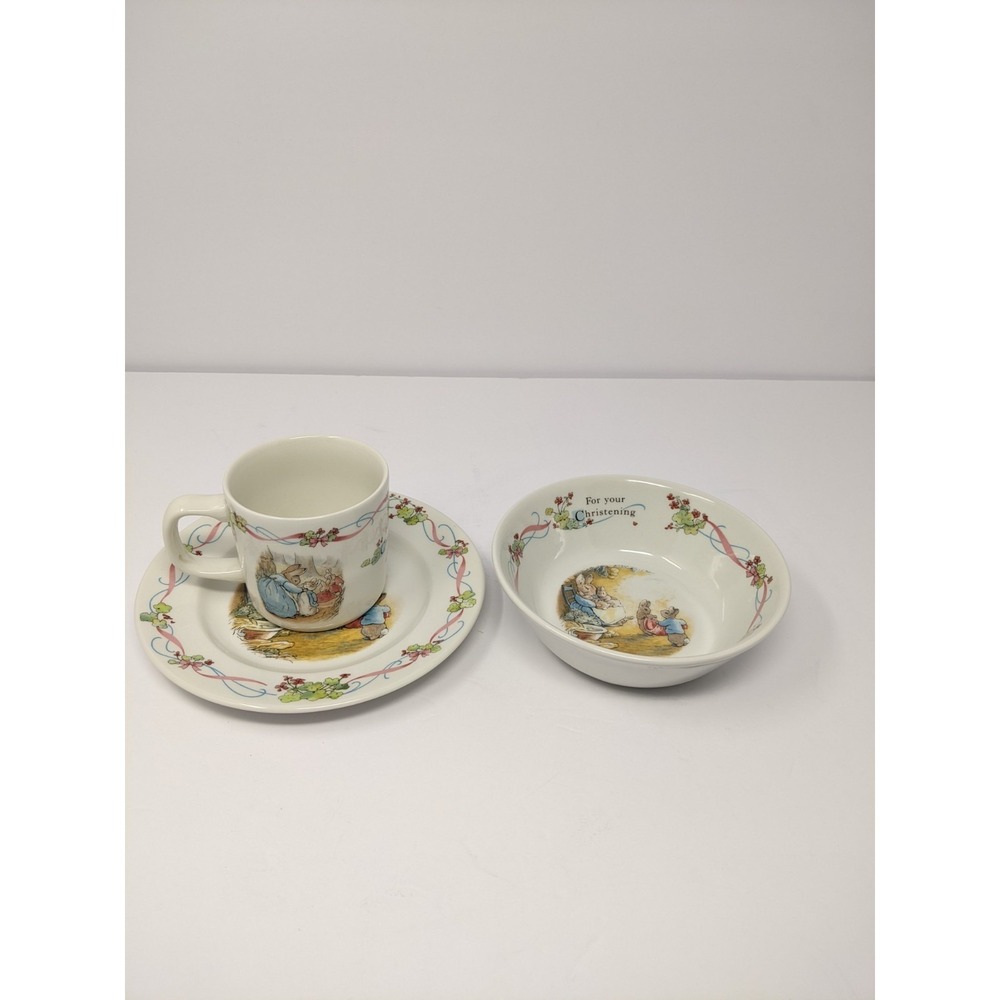 Vintage Beatrix Potter Peter Rabbit Christening 3-Piece Child Dish Set Cup Bowl